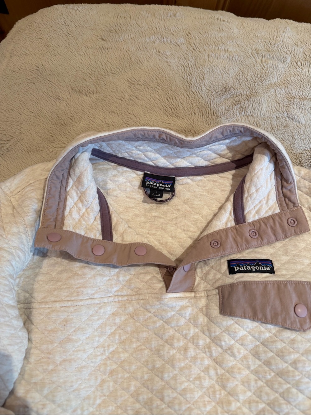 Patagonia Quilted Crewneck Pullover in Cream with Tan Accents - Picture 2 of 4